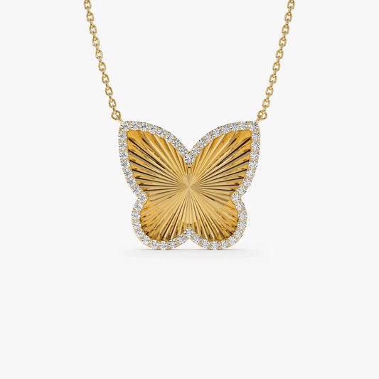 14K Solid Gold 0.30 CTW Round Diamond Textured Butterfly Charm Pendant Necklace