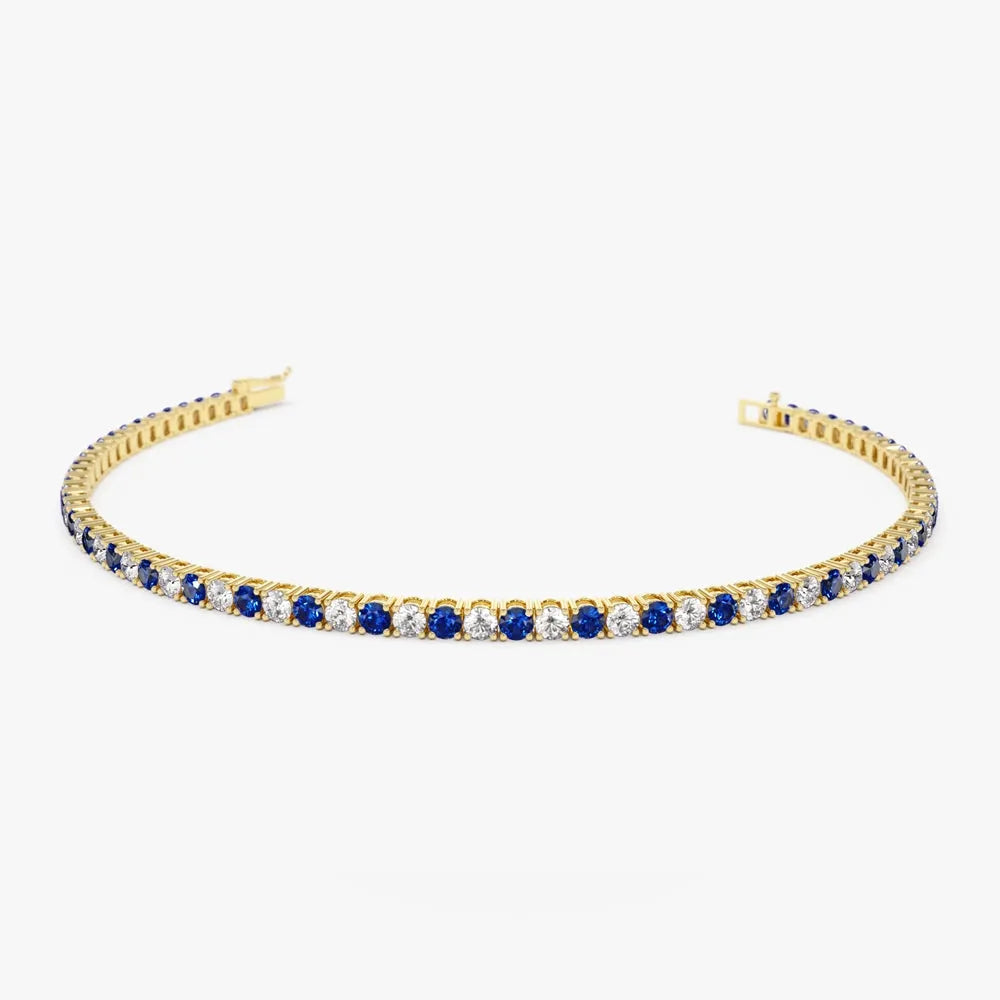 14k Gold Round Diamond and Sapphire 4 Prong Tennis Bracelet