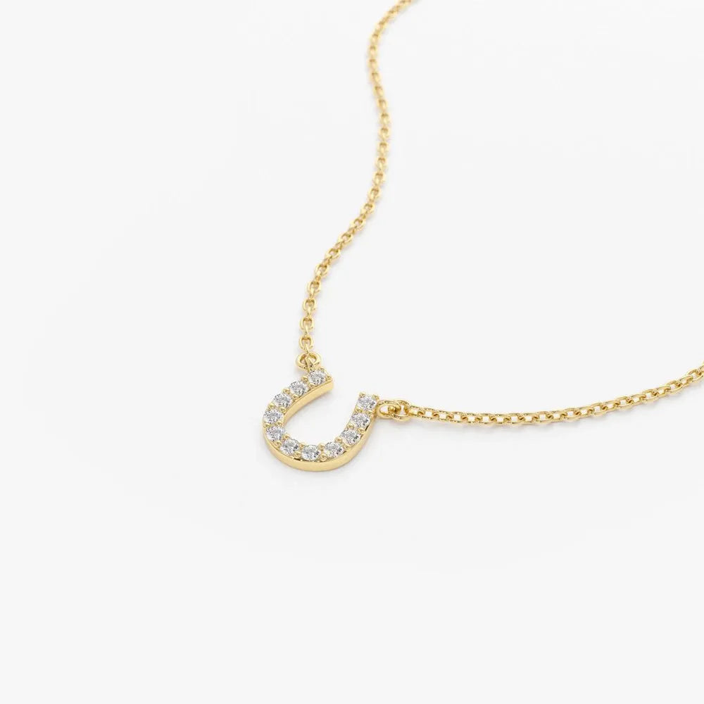 14K Solid Gold Round Diamond Micro Pave Mini Horseshoe Necklace 0.06cttw