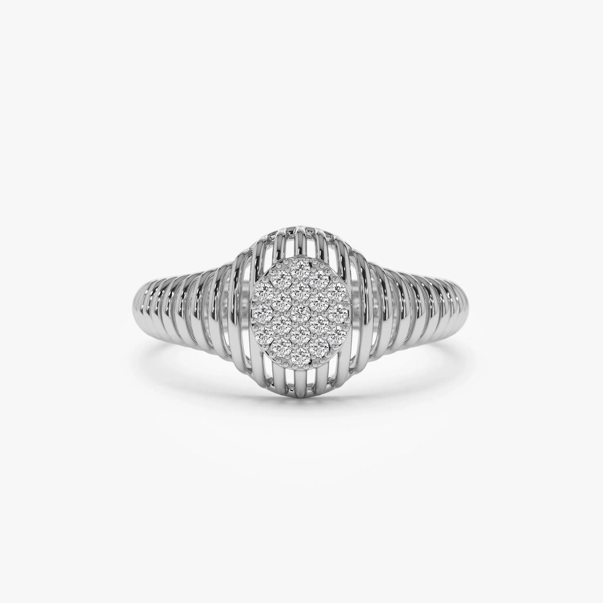 14K Solid Gold Round Diamond 0.10 Carat Ribbed Oval Signet Ring