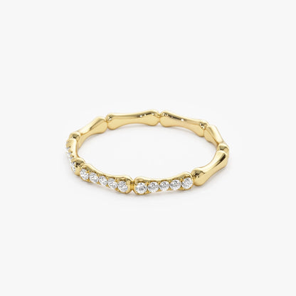14k Gold Round Diamond Bamboo Pave Ring 0.15 ctw 2mm Band