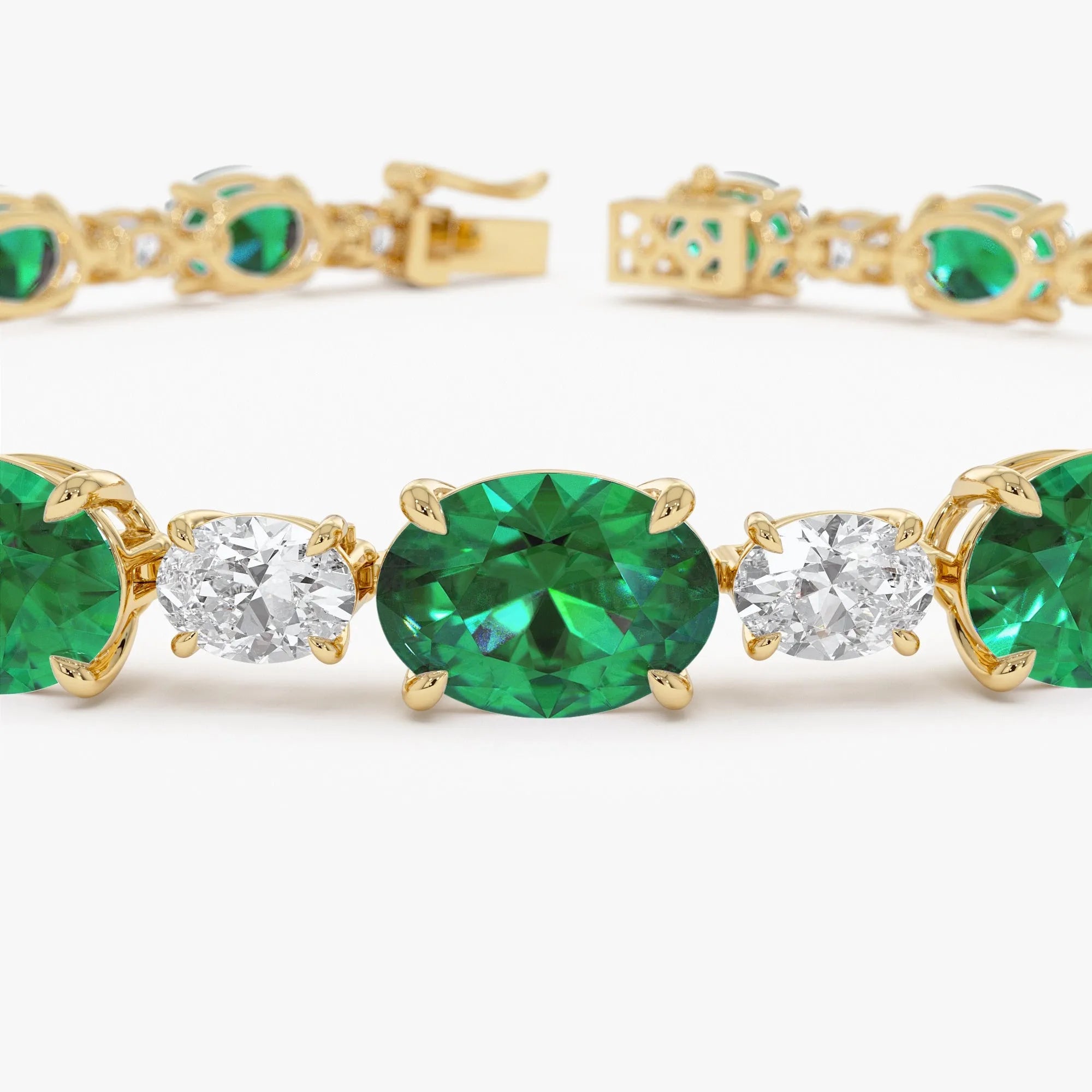 14K Solid Gold Lab Grown Colombian Emerald Cut Lab Grown Diamond 4 Prong Bracelet