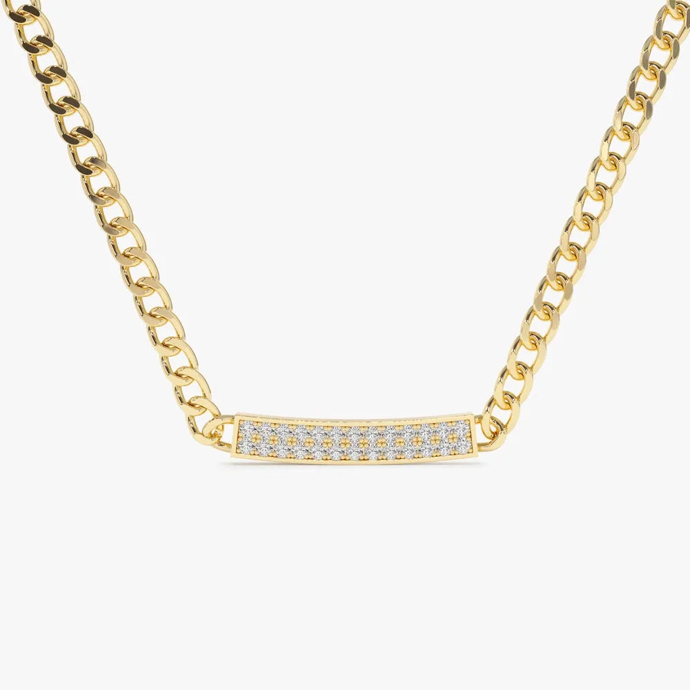 14K Solid Gold Round Diamond Pave Curb Link Bar Necklace 0.30ctw