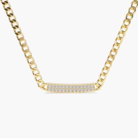 14K Solid Gold Round Diamond Pave Curb Link Bar Necklace 0.30ctw
