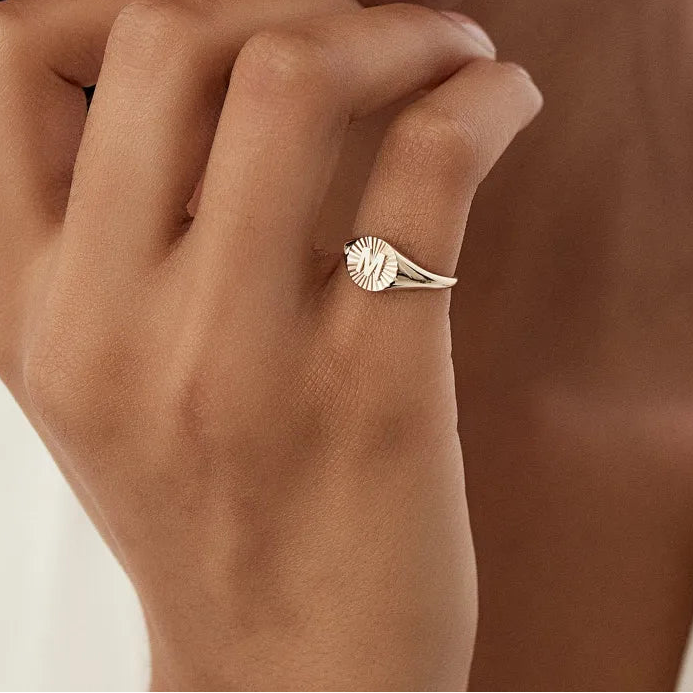 14K Gold Round Sunburst Initial Signet Ring 8mm Personalized Custom Jewelry