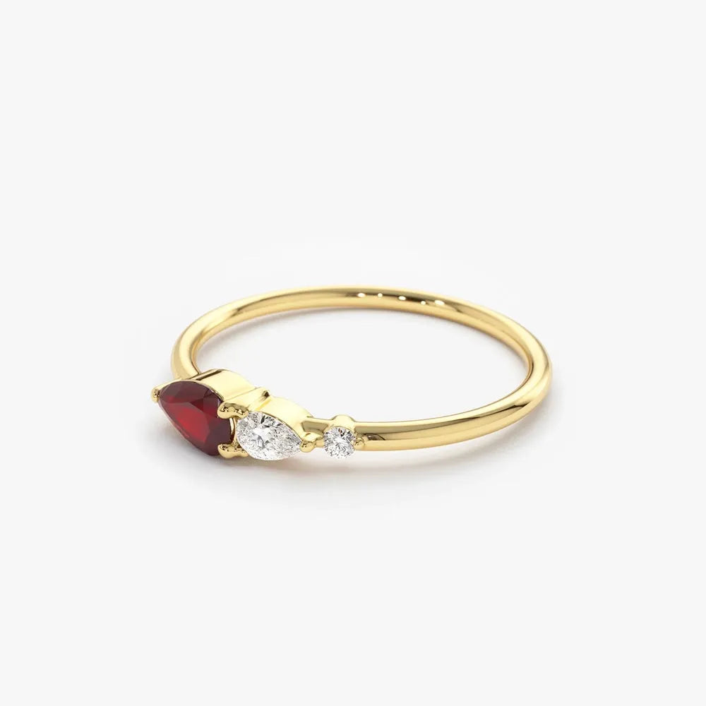 14k Gold Natural Ruby and Diamond Pear Cut Ring Prong Setting 0.40 ctw