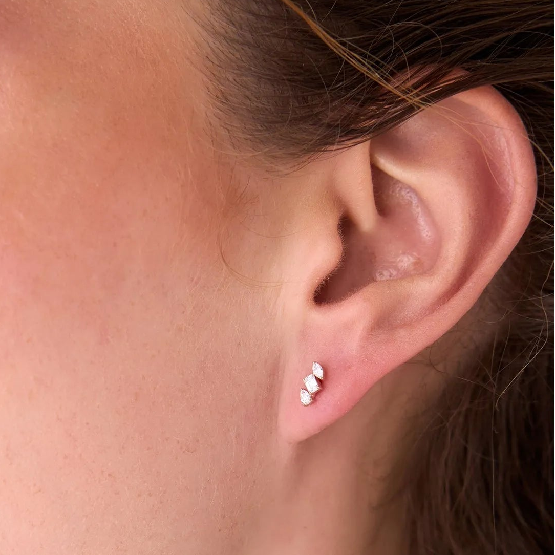 14k Gold Diamond Emerald Cut Marquise and Pear Stud Earrings 0.30 ctw