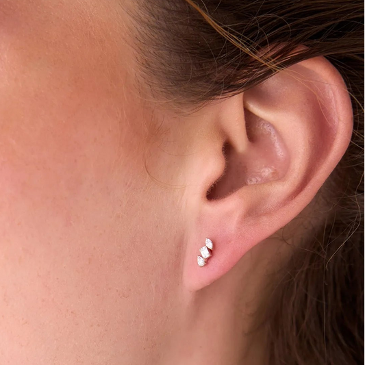 14k Gold Diamond Emerald Cut Marquise and Pear Stud Earrings 0.30 ctw