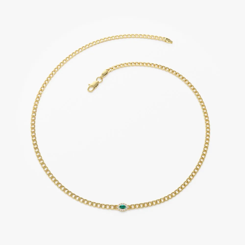 14k Gold 0.10ct Marquise Emerald and Round Diamond Curb Link Bracelet