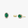14K Gold Oval Cut Emerald and Diamond Halo Stud Earrings 1.12ctw Prong Setting