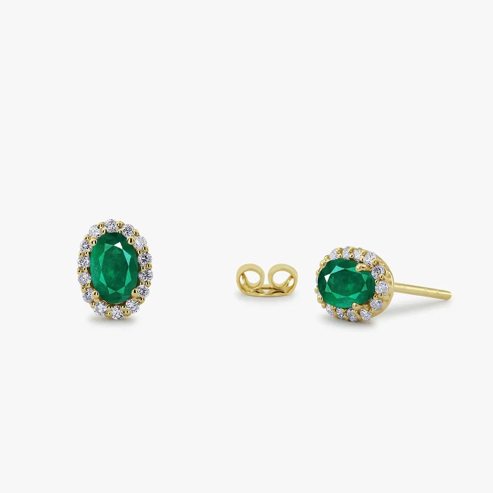 14K Gold Oval Cut Emerald and Diamond Halo Stud Earrings 1.12ctw Prong Setting
