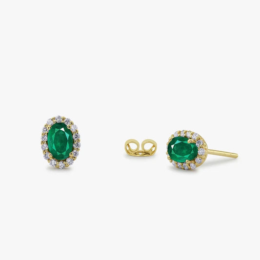 14K Gold Oval Cut Emerald and Diamond Halo Stud Earrings 1.12ctw Prong Setting