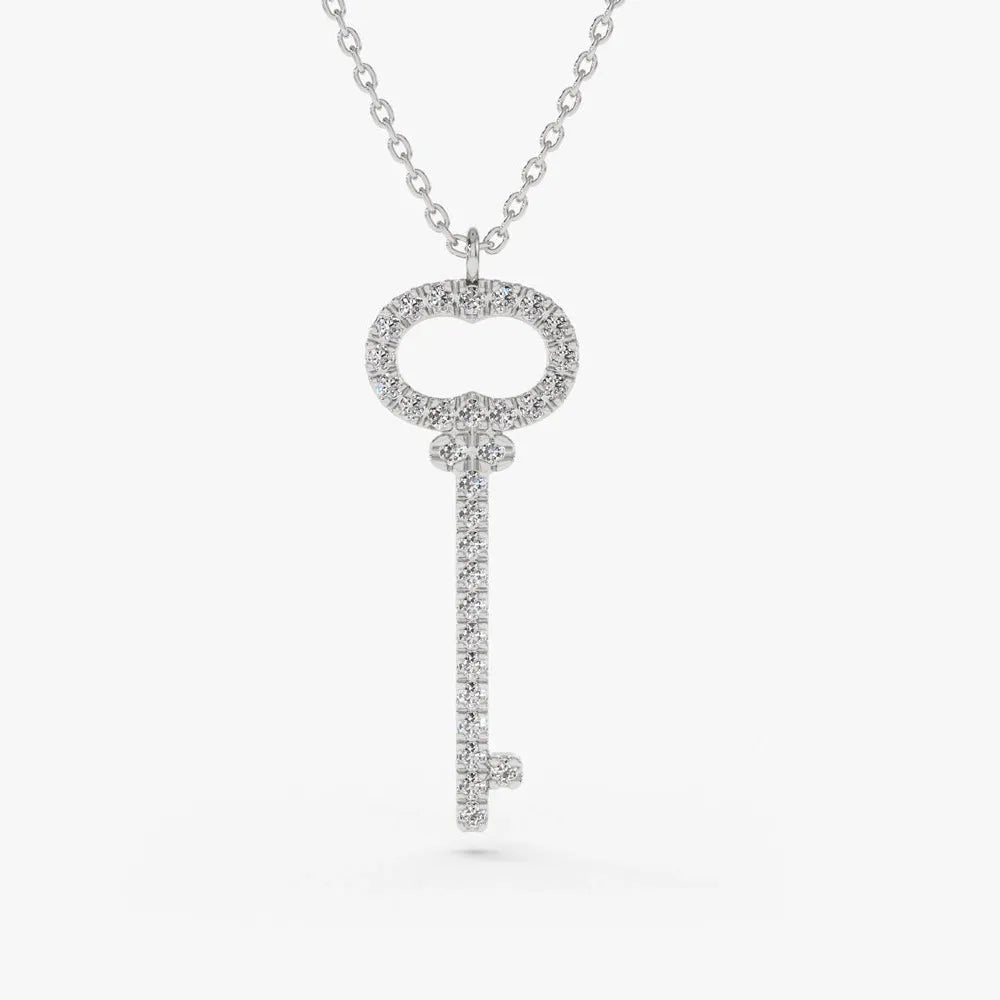 14K Solid Gold Round Diamond Micro Pave Key Charm Pendant Necklace 0.20ctw