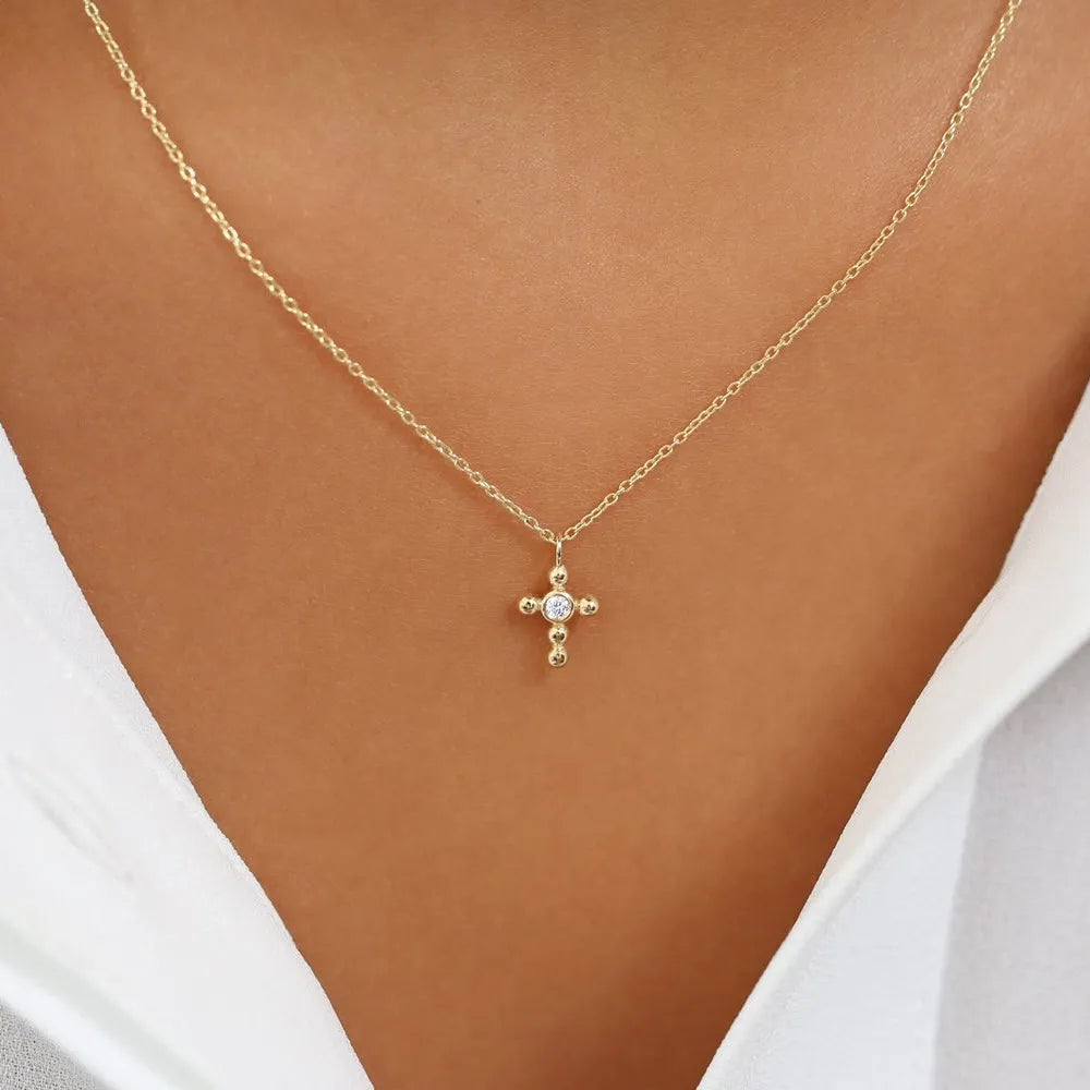 14K Solid Gold Round Diamond Tiny Ball Cross Pendant Necklace Bezel Set 0.03ctw