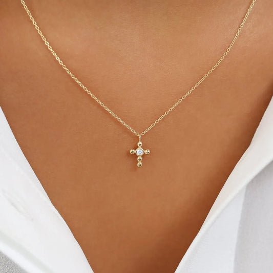 14K Solid Gold Round Diamond Tiny Ball Cross Pendant Necklace Bezel Set 0.03ctw