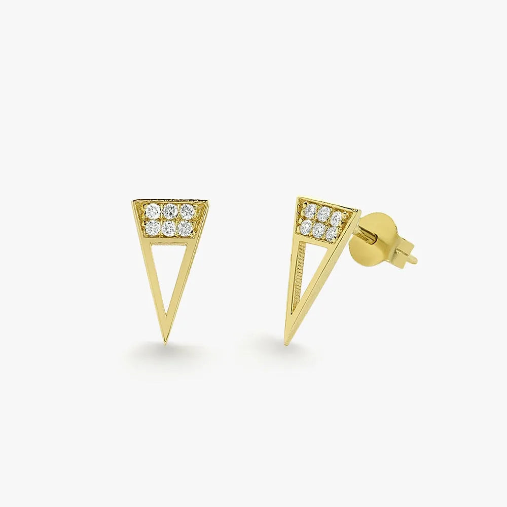 14k Gold Diamond Round Cut Elongated Triangle Stud Earrings Micro Pave 0.14 ctw
