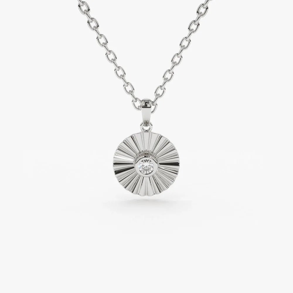 14K Solid Gold Round Diamond Disc Ray Pendant Necklace 10mm 0.07ctw
