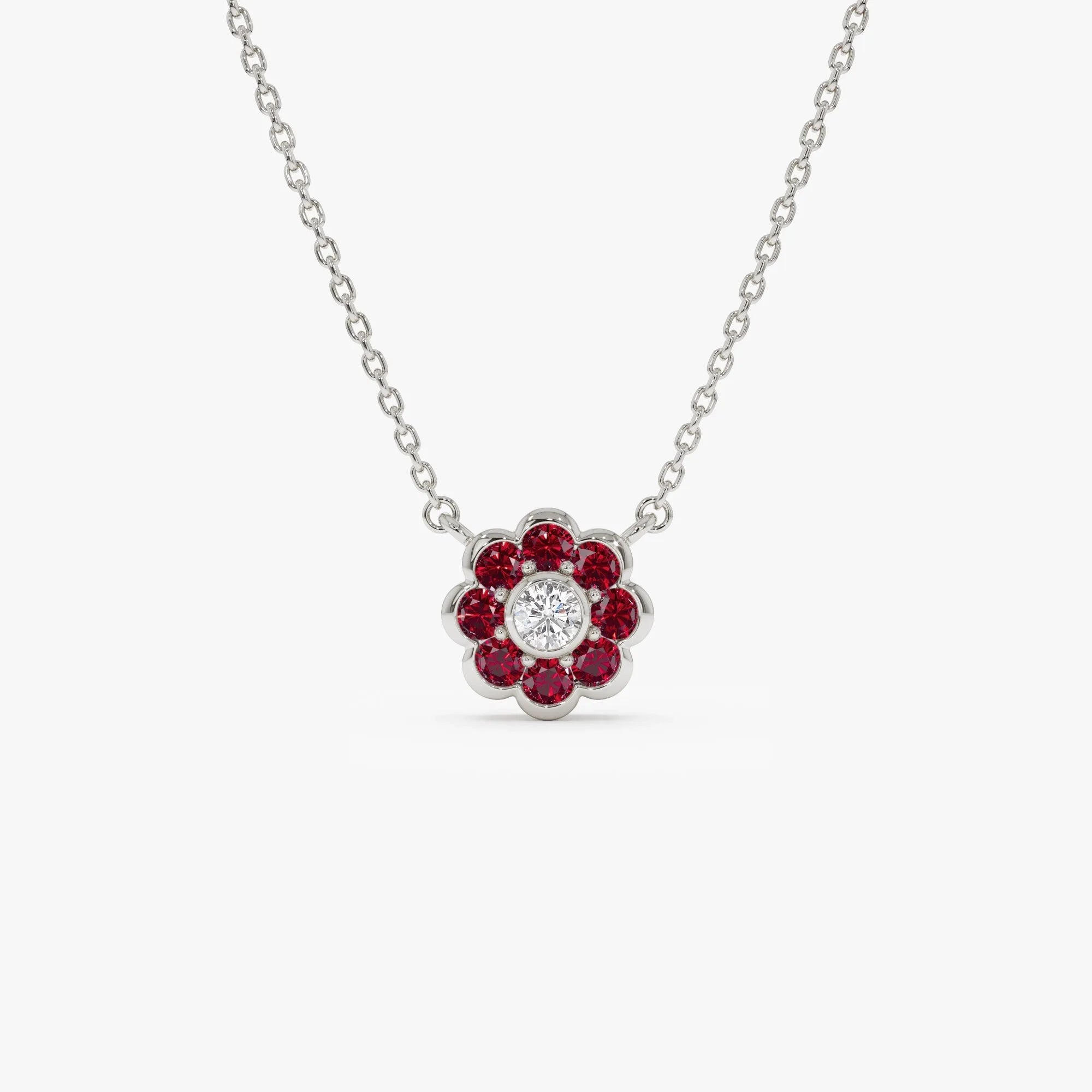 14k Solid Gold Ruby and Diamond Round Flower Necklace 0.35 Carat Bezel Setting