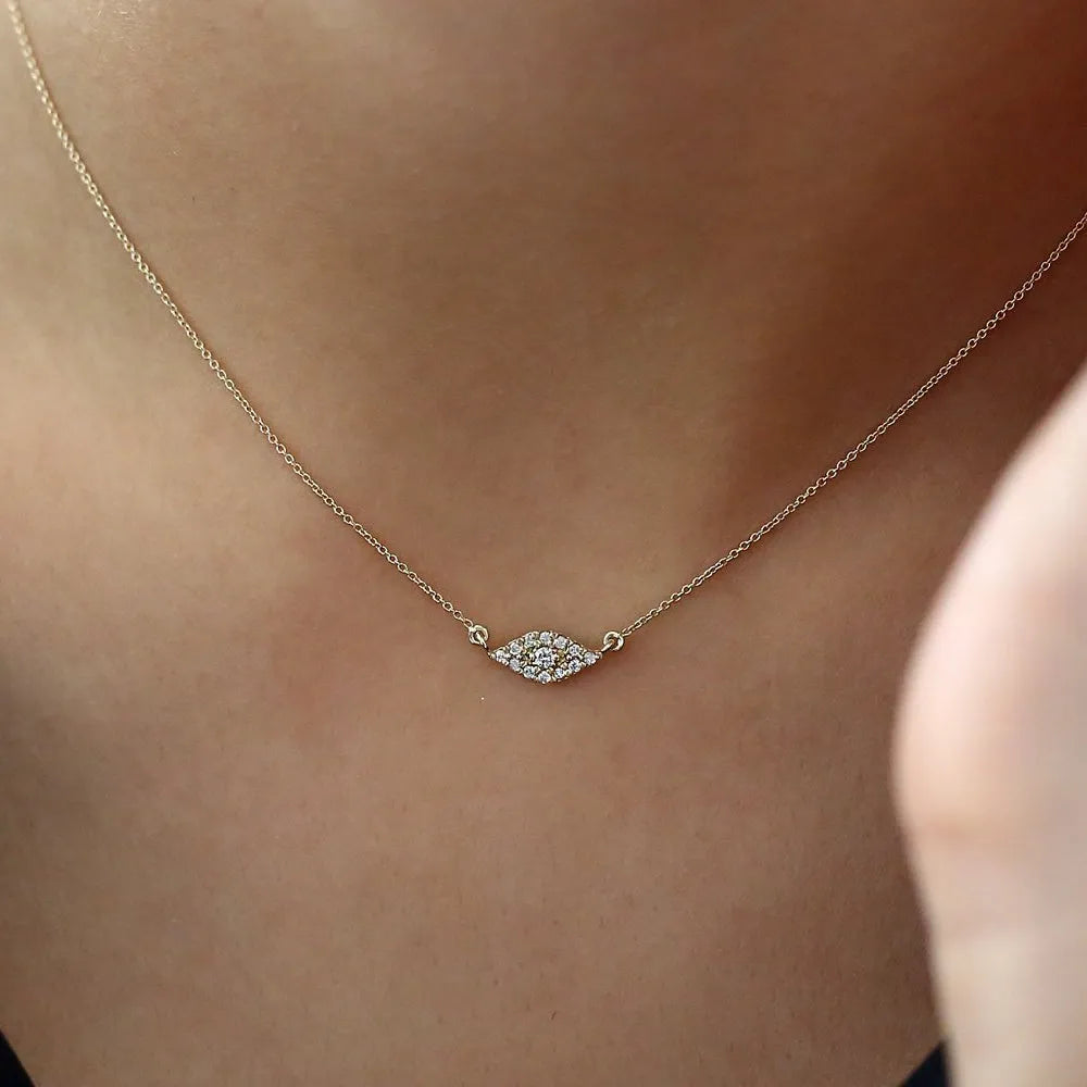 14K Solid Gold Round Diamond Micro Pave Evil Eye Pendant Necklace 0.15ctw