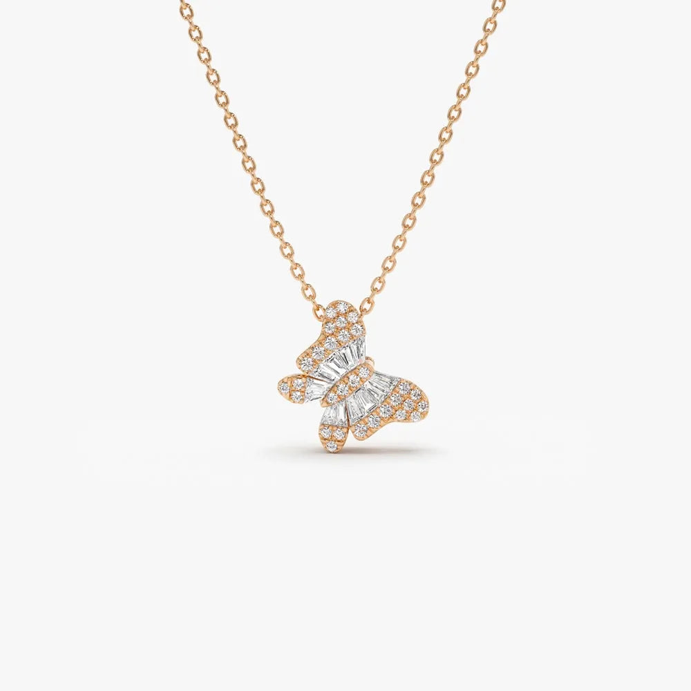 14K Solid Gold Baguette and Round Diamond Butterfly Pendant Necklace 0.26ctw