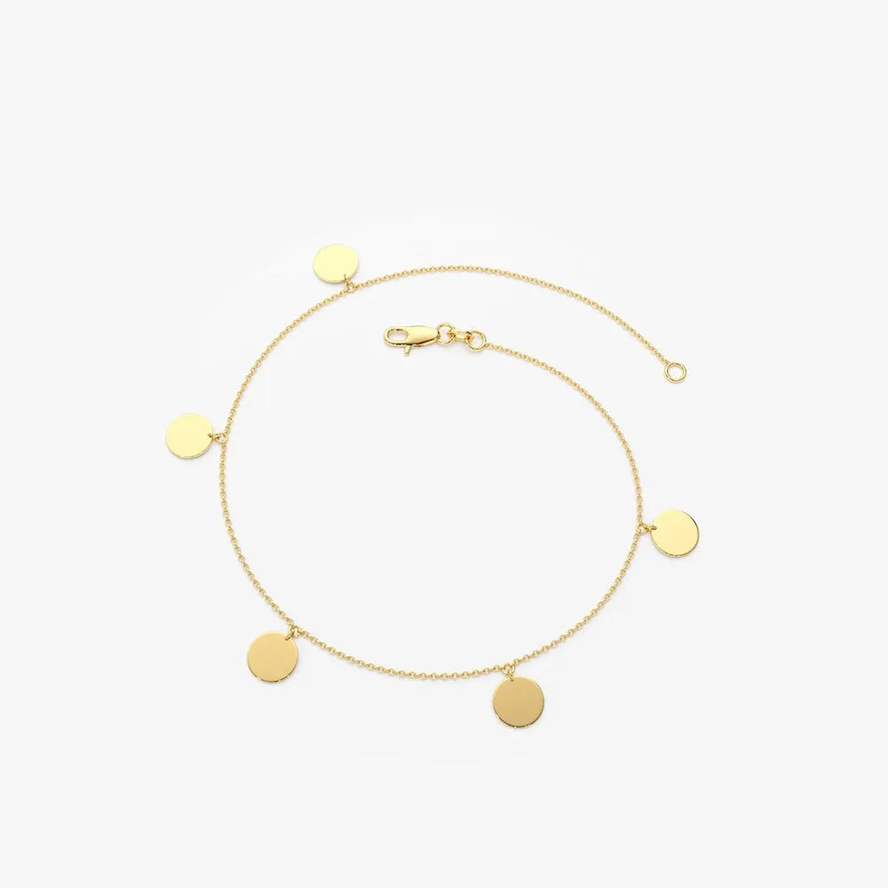 14k Solid Gold Five Dangle Disc Bracelet with Charms