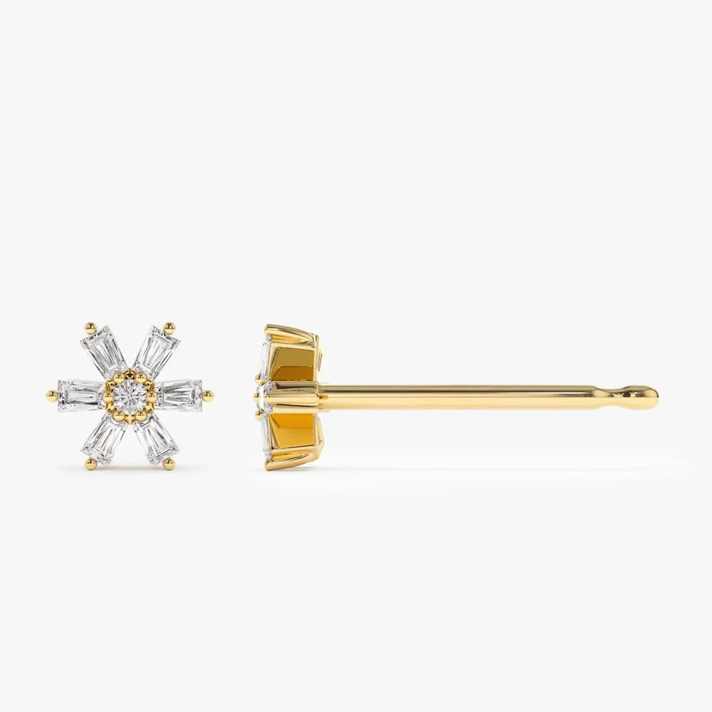 14k Gold Diamond Round and Baguette Cut Mini Flower Stud Earrings 0.23 ctw
