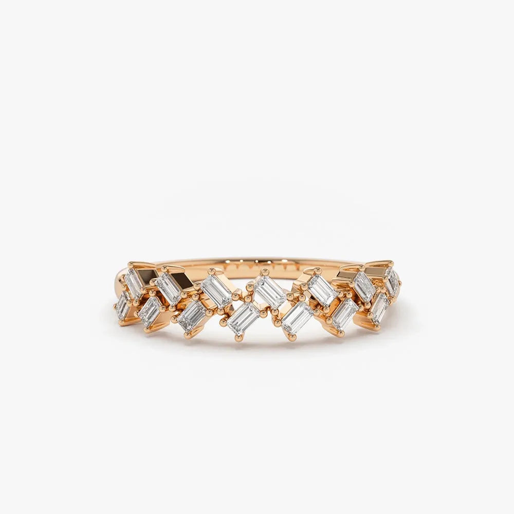 14K Solid Gold Baguette Diamond Zig Zag Shared Prong Ring 0.32 CTW