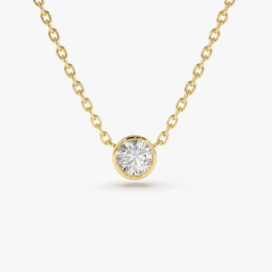 14K Solid Gold Round Diamond Solitaire Necklace Bezel Set 0.50ctw