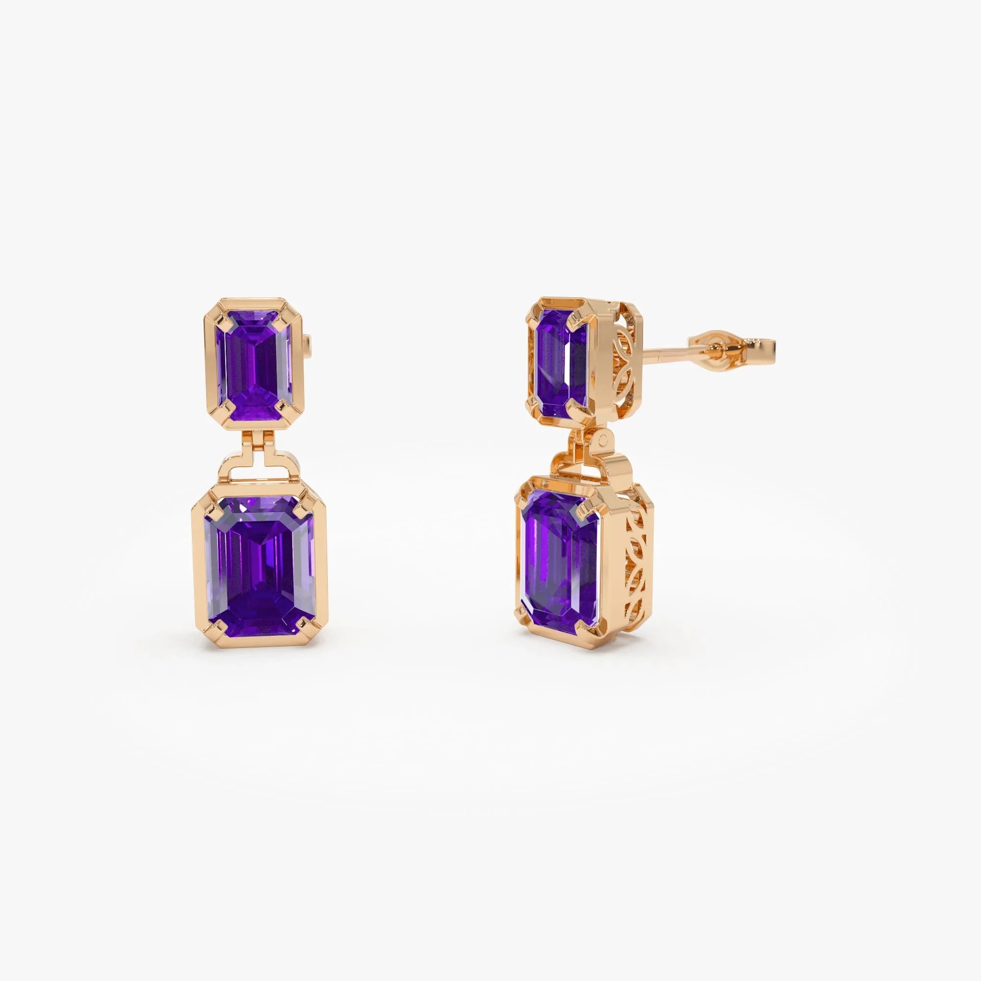 14K Solid Gold Octagon Cut Amethyst Dangle Drop Earrings 4.05ctw