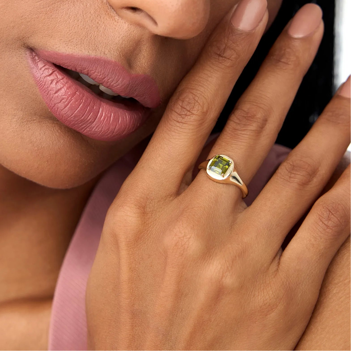 14K Solid Gold Asscher Cut Peridot 1.20 Carat Signet Ring
