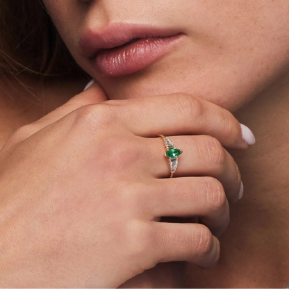 14K Solid Gold Marquise Emerald and Baguette Diamond Ring 0.75 CTW