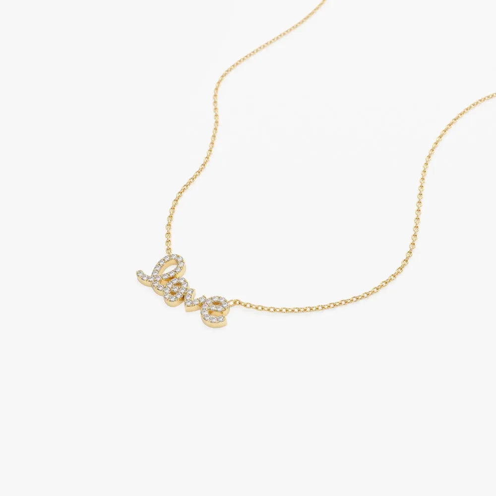 14K Solid Gold Round Diamond Love Pendant Necklace Prong Setting 0.21ctw