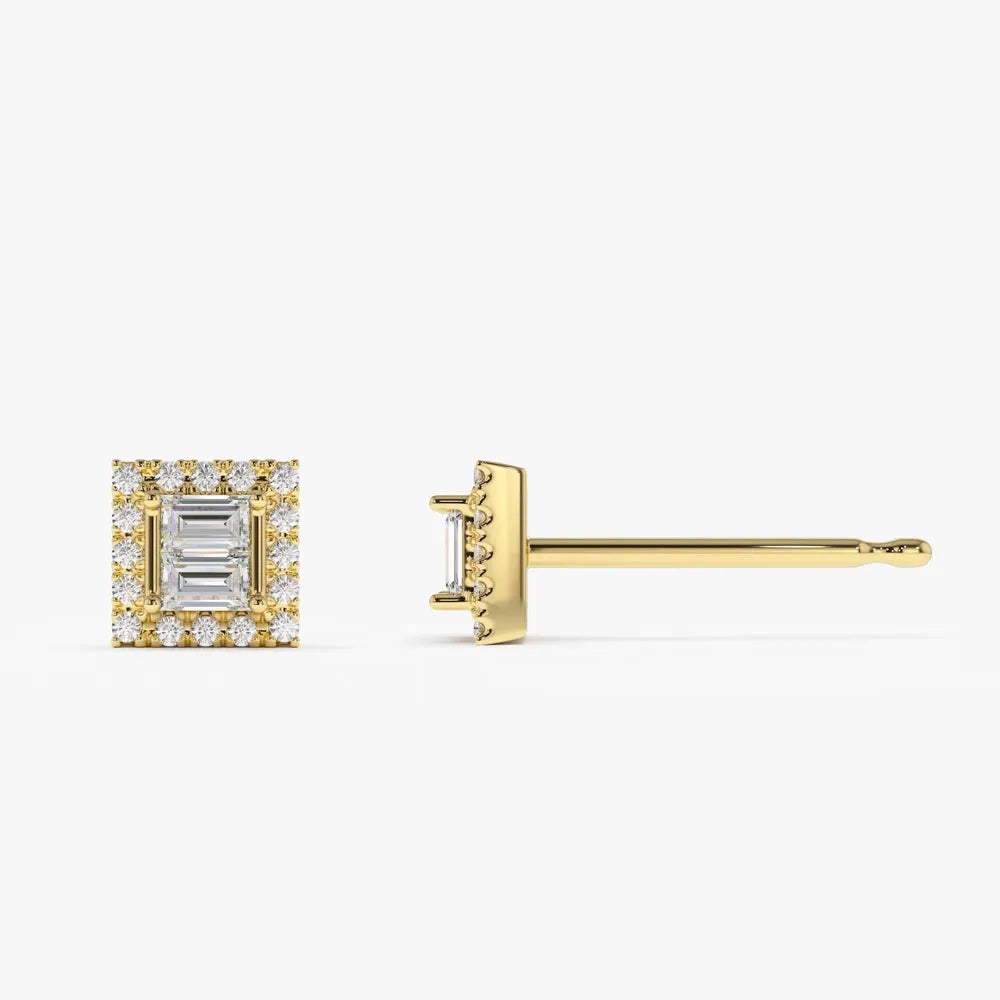 14k Gold Diamond Baguette and Round Cut Halo Setting Stud Earrings 0.25 ctw