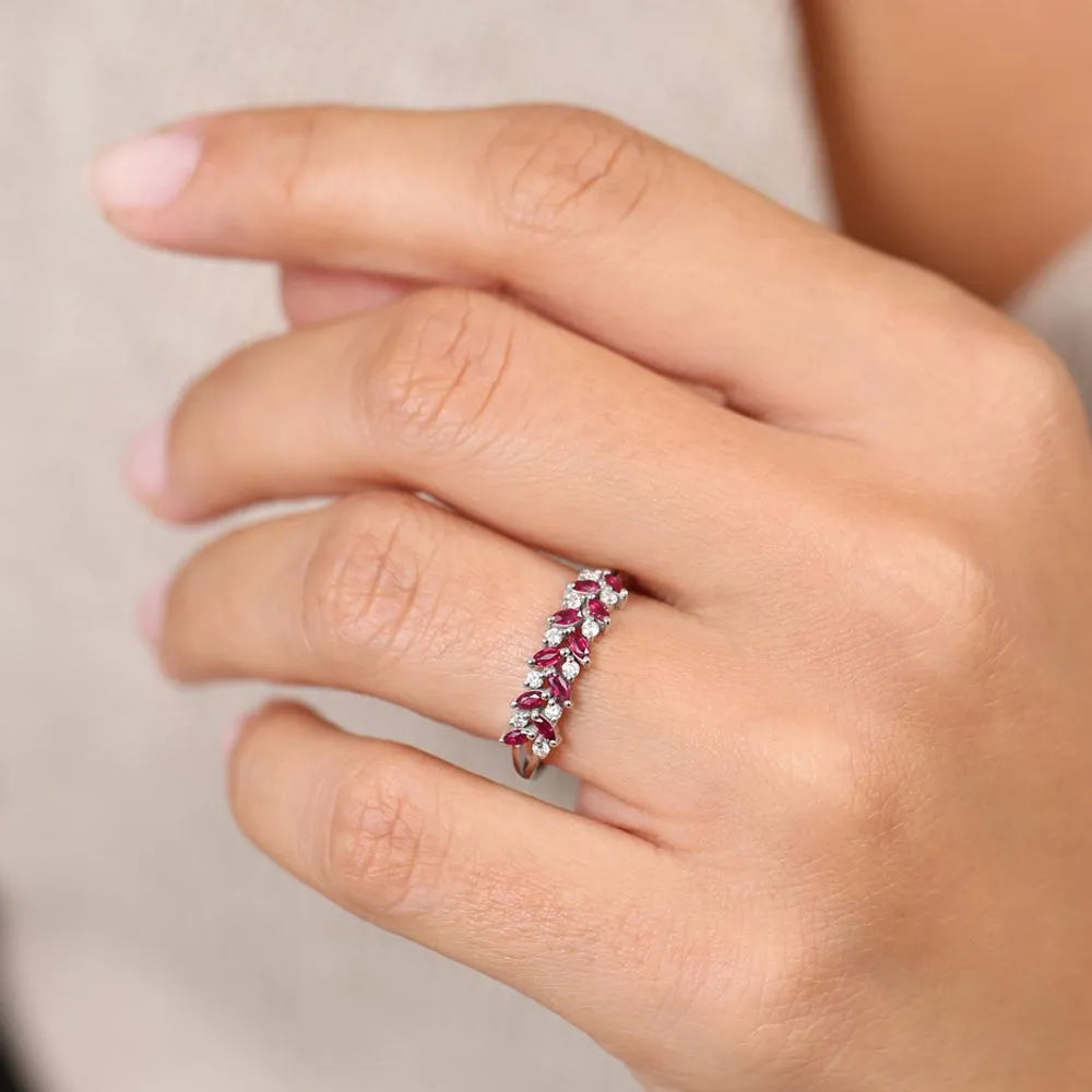 14k Gold Natural Ruby and Diamond Marquise and Round Cut Two Row Ring 0.65 ctw