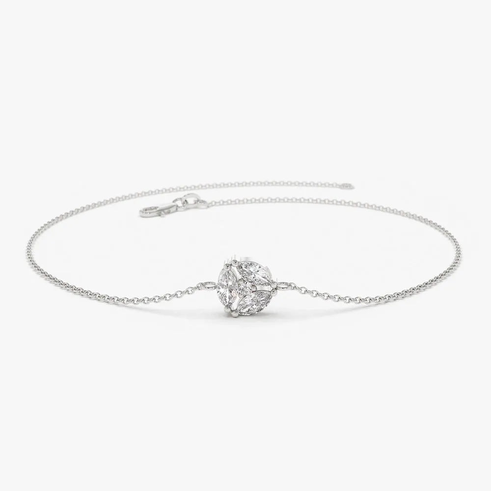 14K Solid Gold 0.16 CTW Marquise and Round Diamond Cluster Prong Set Bracelet