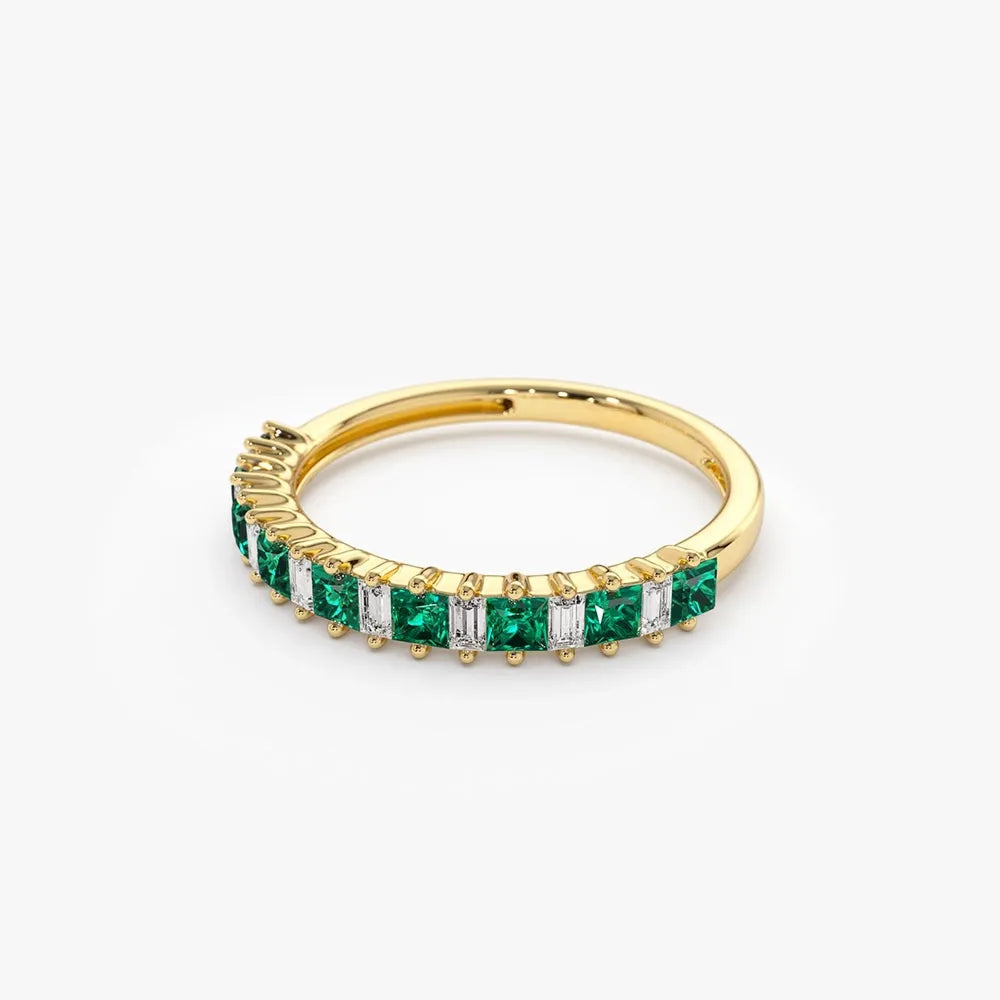 14K Solid Gold Princess Cut Emerald and Baguette Diamond Ring 0.73 CTW Handcrafted Jewelry