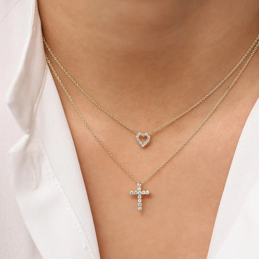 14K Solid Gold Round Diamond Cross Pendant Necklace Prong Setting 0.35ctw