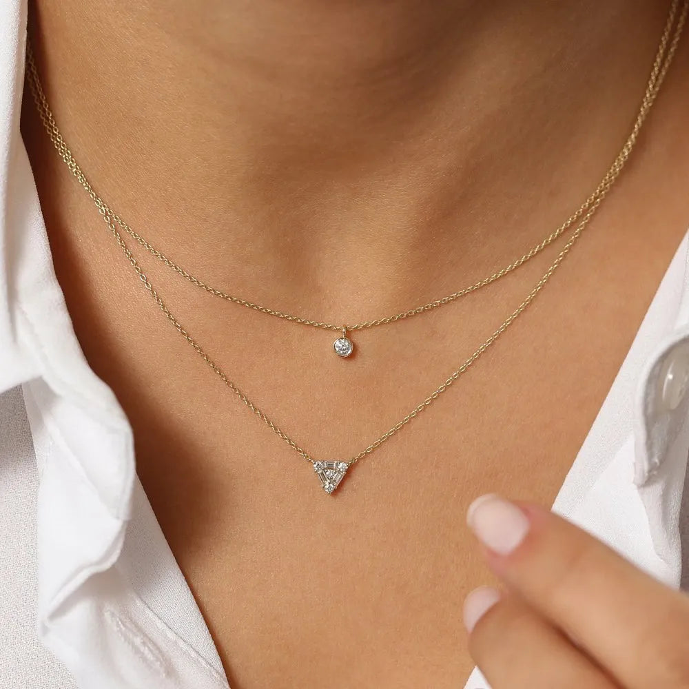 14K Solid Gold Round and Baguette Diamond Triangle Pendant Necklace 0.23ctw
