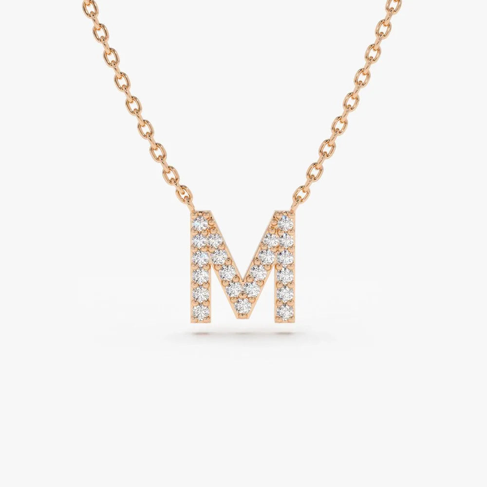 14k Solid Gold Round Diamond 0.13 to 0.18 CTW Micro Pave Initial Pendant Necklace