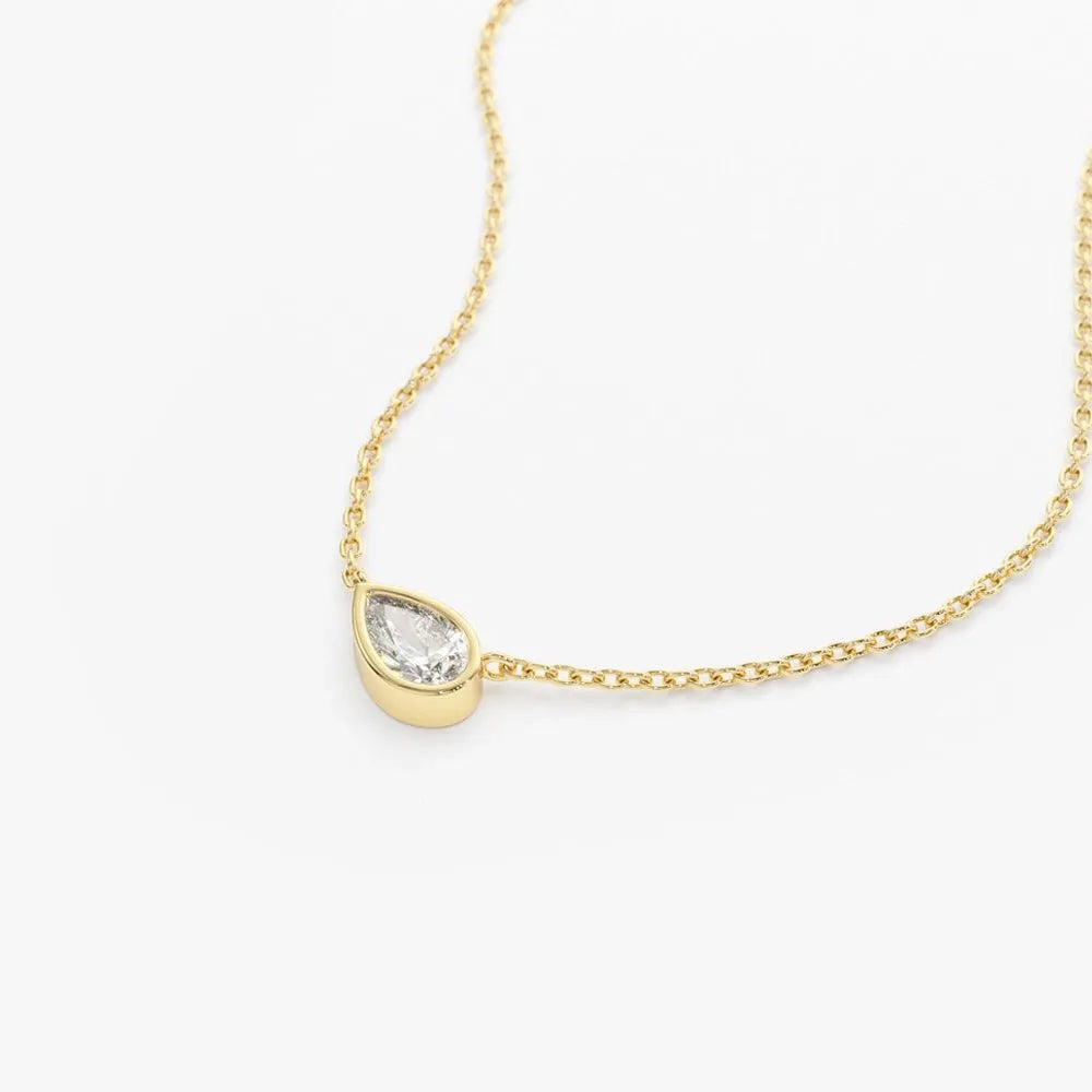 14K Solid Gold Pear Shape Diamond Horizontal Solitaire Necklace Bezel Set 0.23ctw