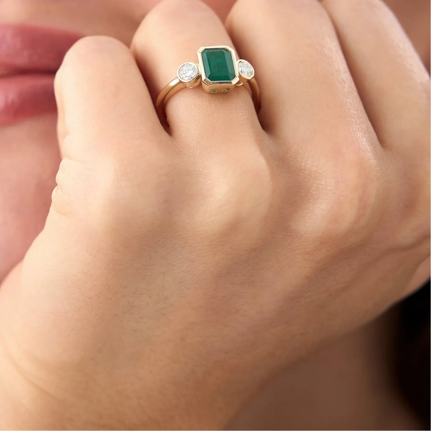 14K Solid Gold Emerald Cut Emerald Round Diamond Three Stone Bezel Set Ring 1.89 CTW