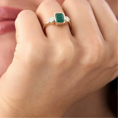 14K Solid Gold Emerald Cut Emerald Round Diamond Three Stone Bezel Set Ring 1.89 CTW
