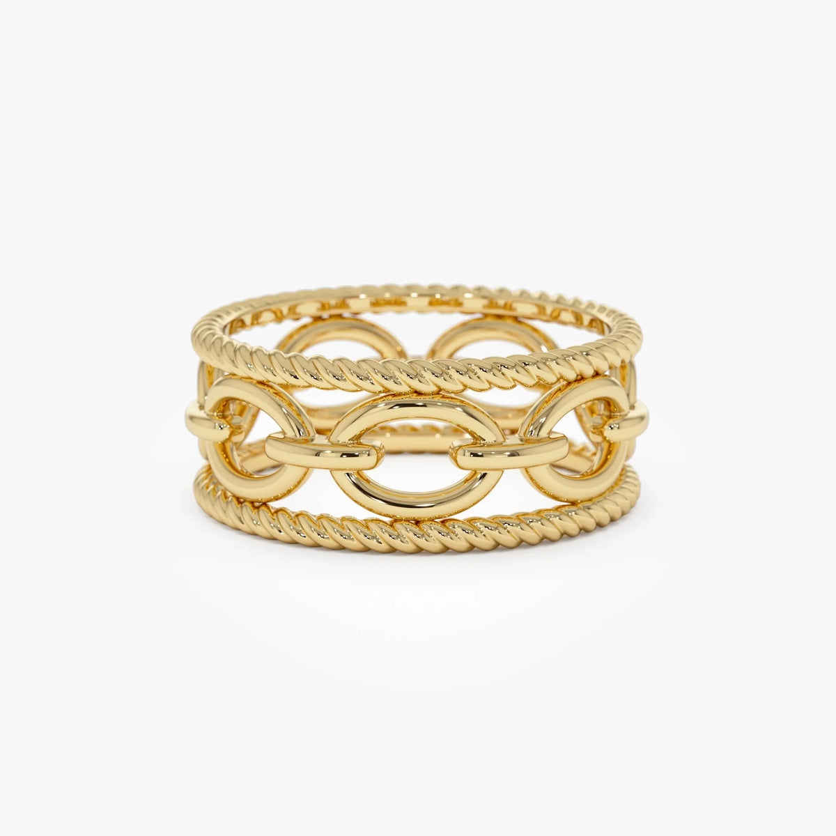 14k Solid Gold Rope Chain Link Wide Band Ring