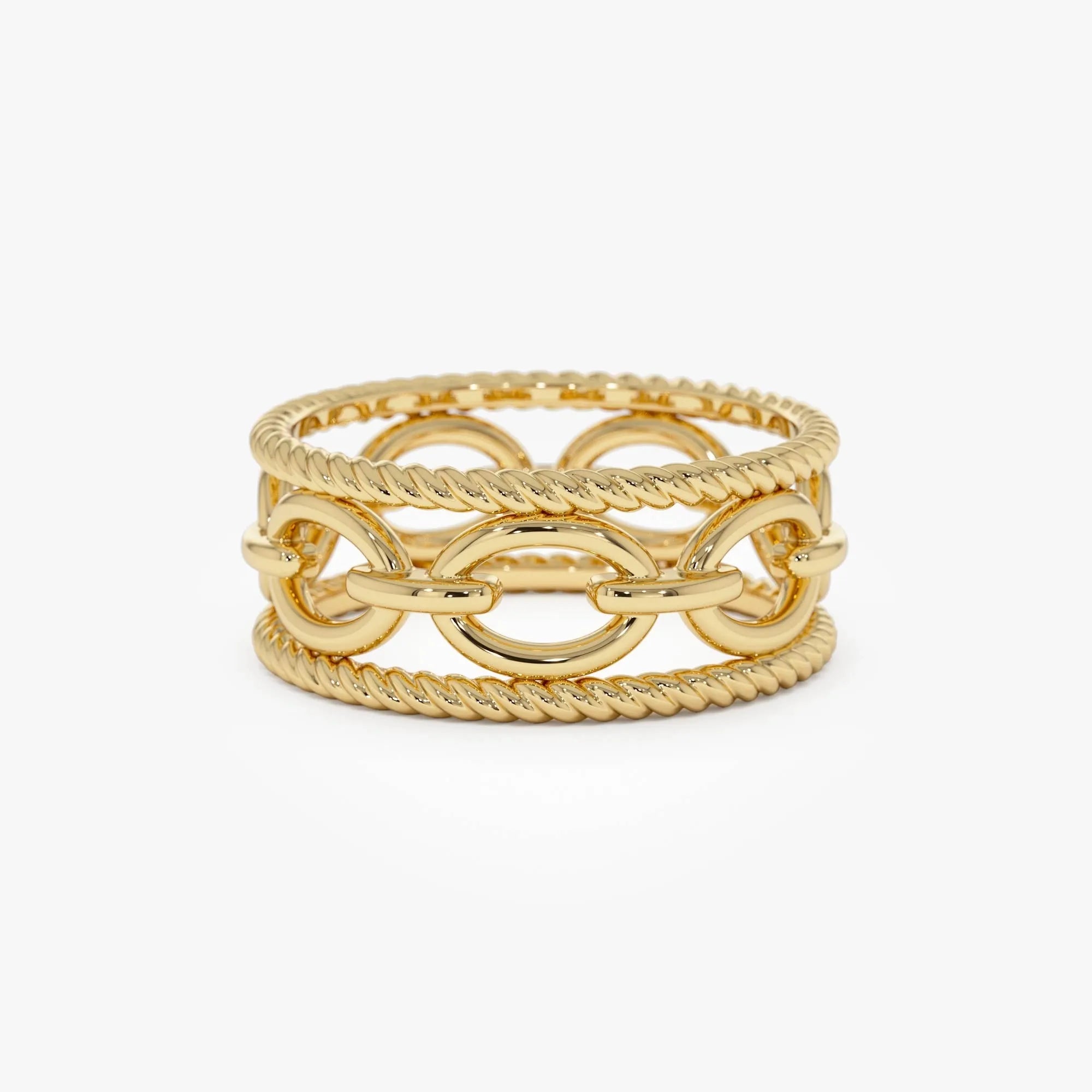 14k Solid Gold Rope Chain Link Wide Band Ring