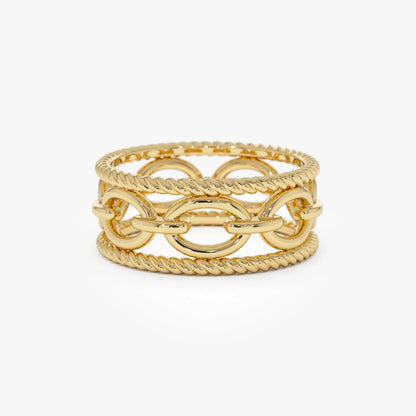14k Solid Gold Rope Chain Link Wide Band Ring