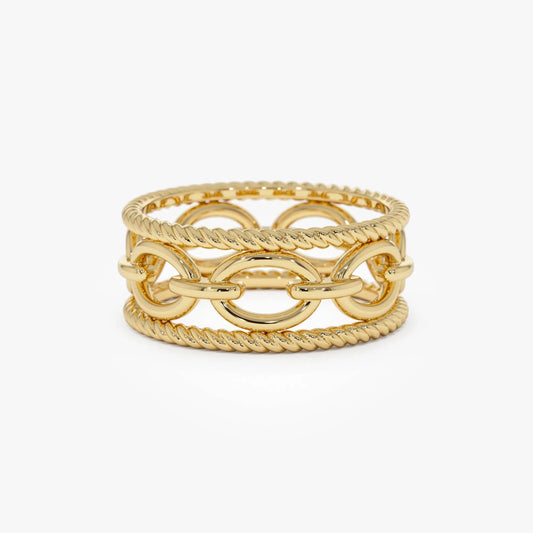 14k Solid Gold Rope Chain Link Wide Band Ring