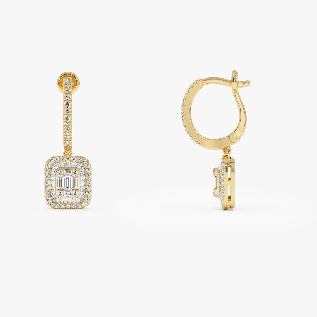 14k Gold Diamond Baguette and Round Cut Illusion Setting Dangling Hoop Earrings 0.98 ctw
