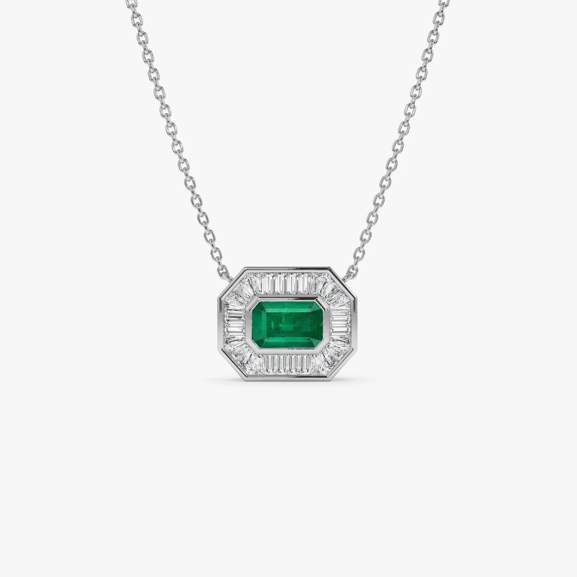 14k Solid Gold Octagon Emerald 0.65 CTW and Baguette Diamond 0.45 CTW Halo Pendant Necklace