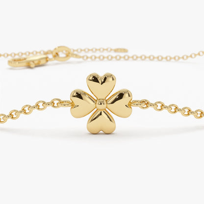 14k Solid Gold Clover Station Link Chain Bracelet with Charms