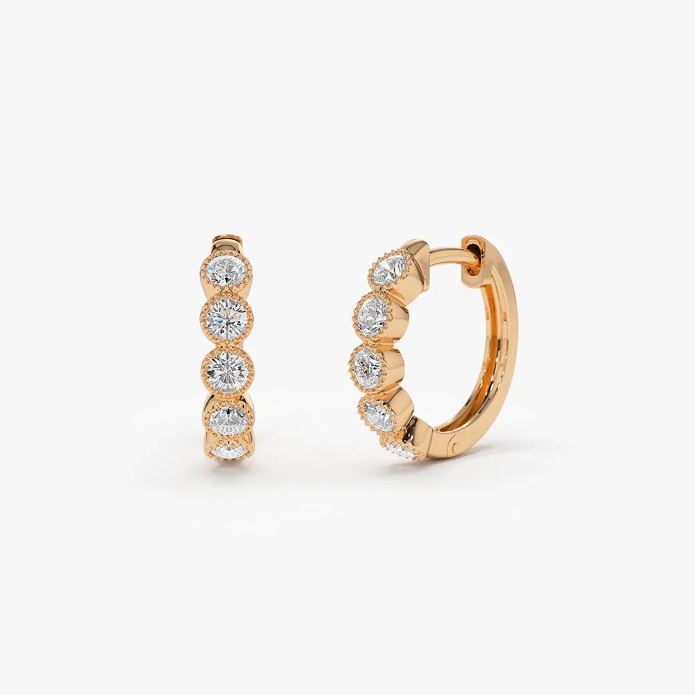 14k Gold Diamond Round Cut Bezel Setting Huggie Earrings 0.30 ctw